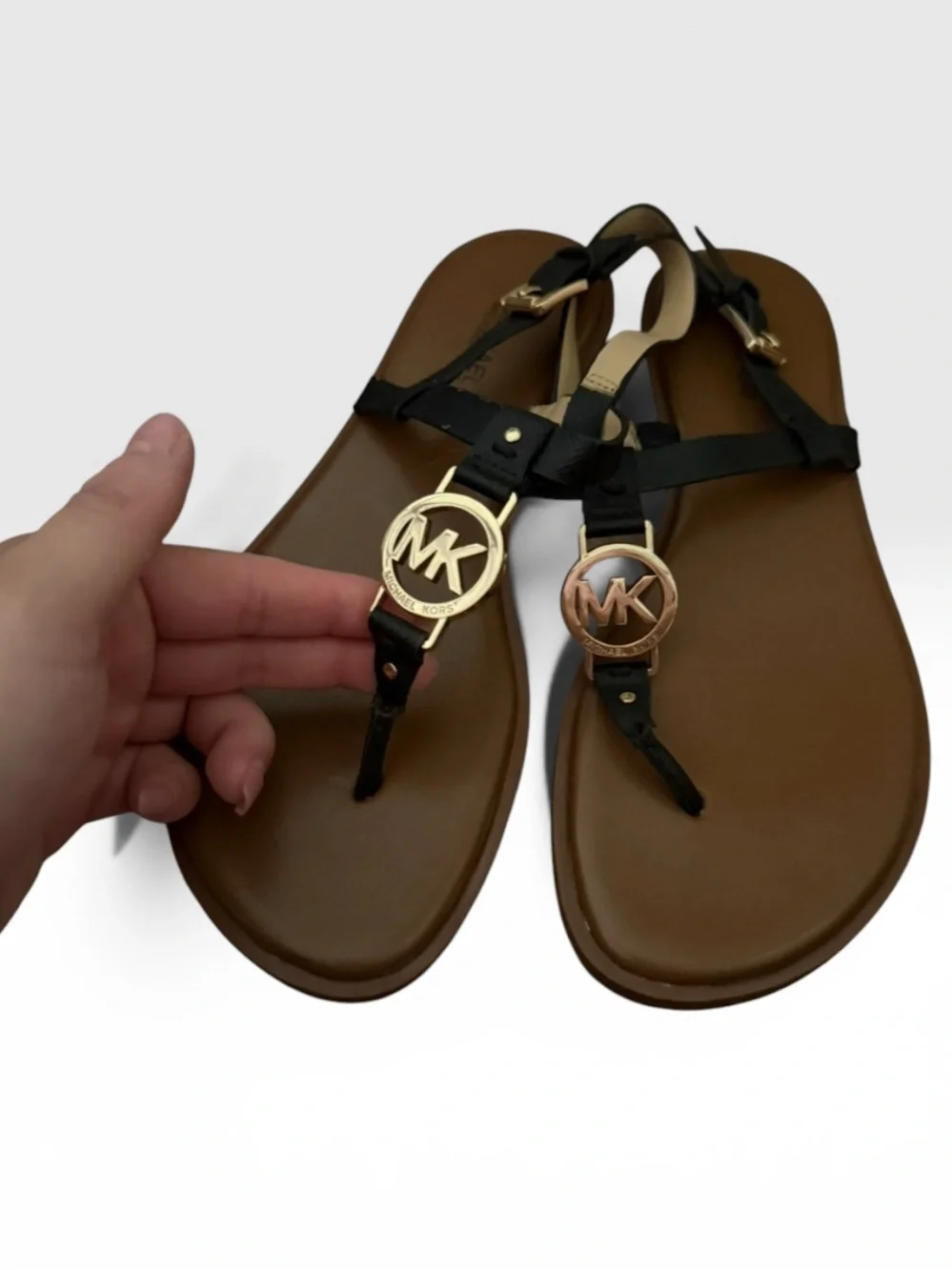 Michael Kors Black Leather T-Strap Sandals with Gold MK Emblem